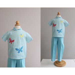 New Old Stock, 1950's Wonderalls Teal Blue Spring Pants & Shirt Set Kid's 5/6 XS